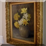 A34. Framed still life oil painitng on canvas.  Signed Edith Denning NY 1886. Canvas measures 12” x 16” 